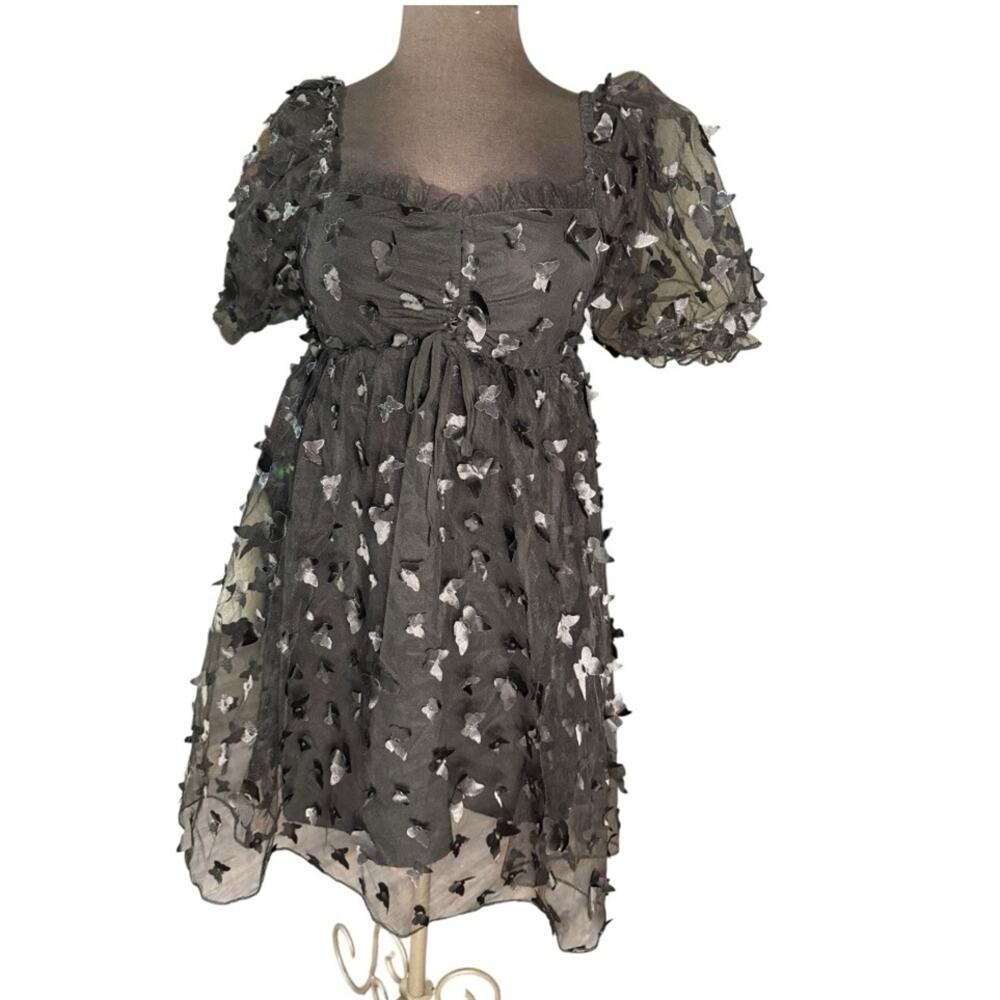 Sheer Sleeve 3D Butterfly Babydoll Whimsigoth Dark Romantic Dress Womens S